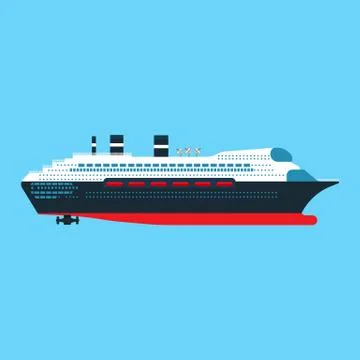Cruise ship side view vector flat icon. Ocean boat travel journey transport.  Stock Illustration