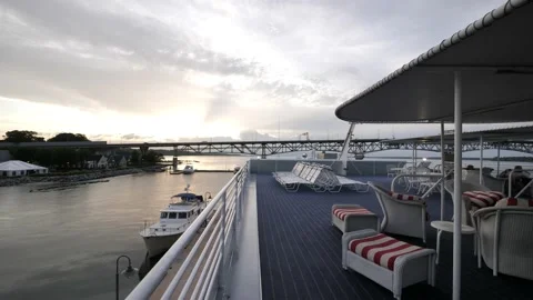 Cruise Ship, Upper Deck, overlooking Yorktown, VA bridge at sunset Stock Footage 197477255