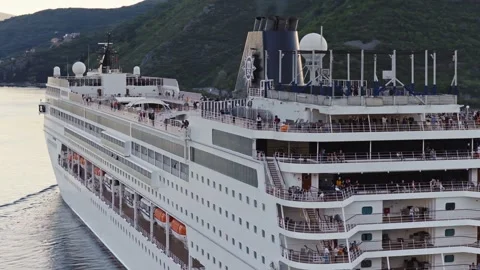 Cruise Ship Upper Deck Passengers Aerial View Bay of Kotor 스톡 동영상 335582974