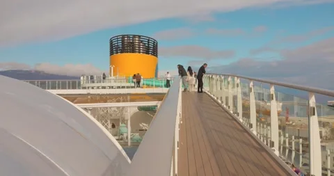 Cruise ship upper deck walkway sea view Stock Footage 333696201