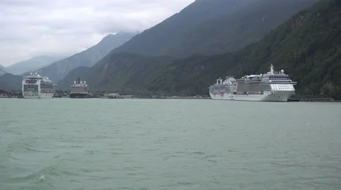 Cruise Ships sitting at Port in Mountainous Area Stock Footage