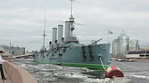 Cruiser Aurora moored at embankment in the Saint-Petersburg, Russia Stock Footage