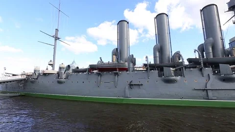Cruiser Aurora on the Neva River Stock Footage 70080999