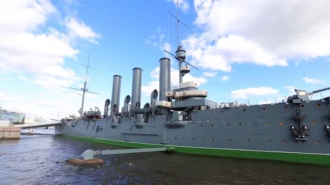 Cruiser Aurora on the Neva River Stock Footage 71984336