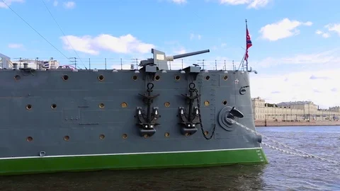 Cruiser Aurora on the Neva River Stock Footage 75957702