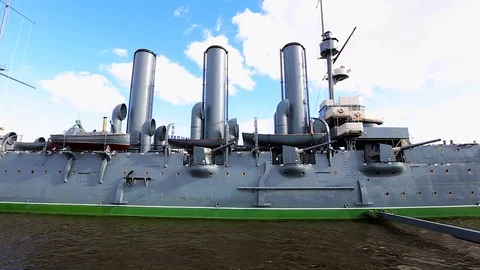 Cruiser Aurora on the Neva River Stock Footage 80022396
