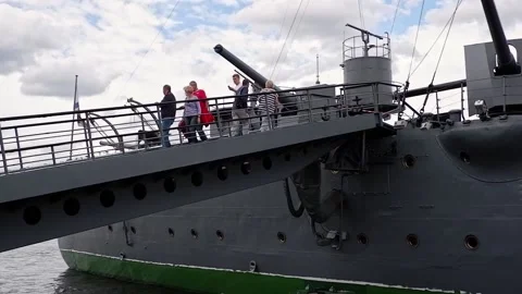 Cruiser Aurora, one of the most famous sea monuments of Russia. Stock Footage 141717643