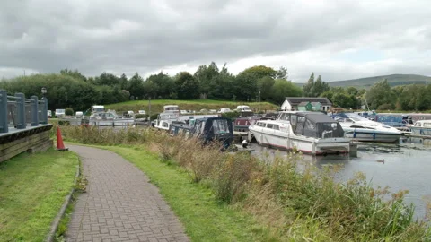 Cruisers along the Forth and Clyde Canal at Auchinstarry Marina in Scotland and Stock Footage 303380202