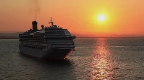 Cruiseship in sunset Stock Footage