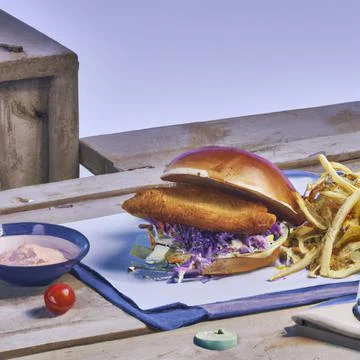 Crumbed fish burger with red cabbage, onion and chips food illustration Stock Illustration