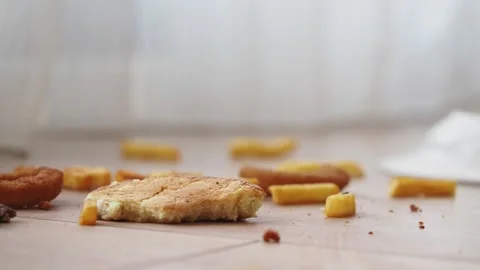 Crumbled snacks lie on the floor, creating a messy and playful setting Stock Footage 309976706