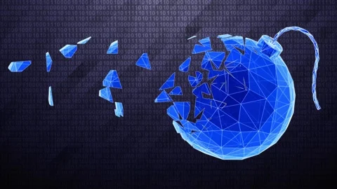 Crumbling bomb icon in binary cyberspace infected by virus. Stock Footage 237016946