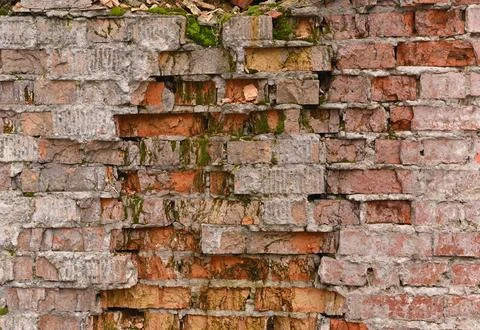 Crumbling red bricks of an old wall. banner Stock Photos