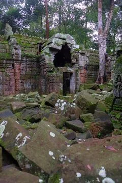 Crumbling Stone Blocks and Ancient Tower of Ta Nei Temple, Angkor, Cambodia Stock Photos