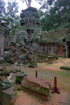 Crumbling Stone Blocks and Ancient Tower of Ta Nei Temple, Angkor, Cambodia Stock Photos