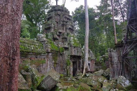 Crumbling Stone Blocks and Ancient Tower of Ta Nei Temple, Angkor, Cambodia Stock Photos