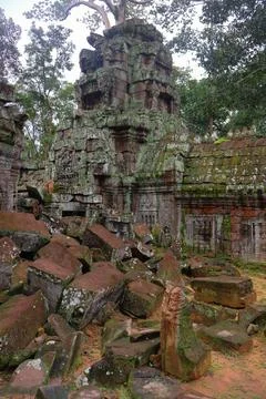 Crumbling Stone Blocks and Ancient Tower of Ta Nei Temple, Angkor, Cambodia Stock Photos