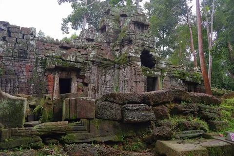 Crumbling Stone Blocks and Ancient Tower of Ta Nei Temple, Angkor, Cambodia Stock Photos