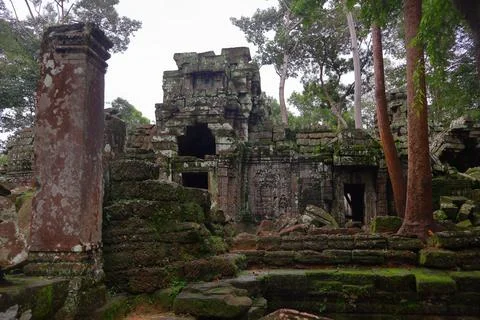 Crumbling Stone Blocks and Ancient Tower of Ta Nei Temple, Angkor, Cambodia Stock Photos