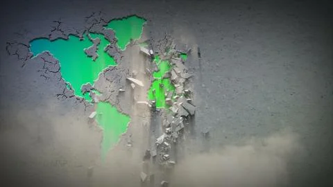Crumbling Wall Revealing a World Map Stock Illustration