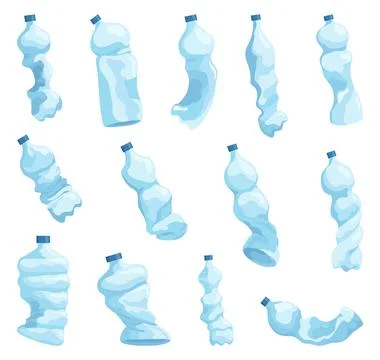 Crumpled bottles icon set. Broken plastic bottles, empty plastic containers Stock Illustration