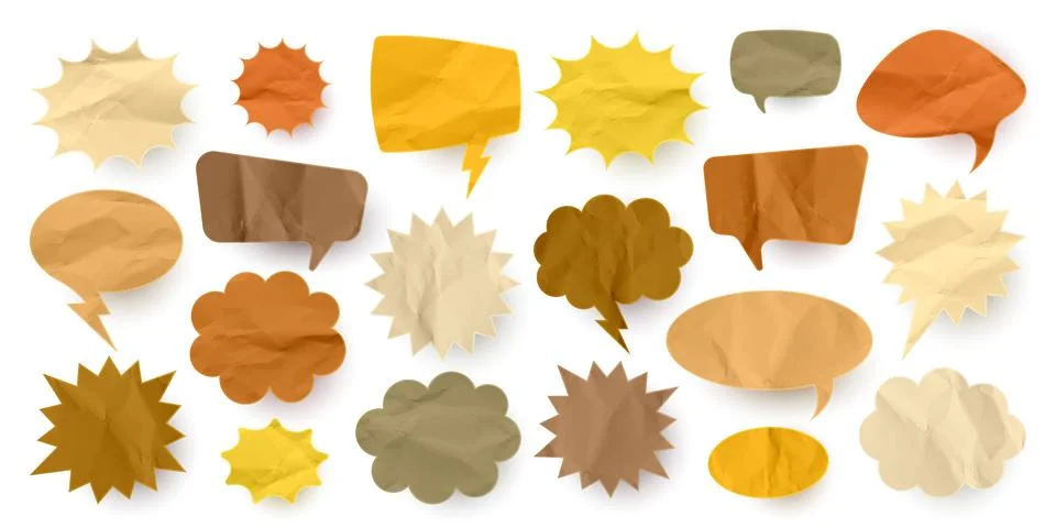 Crumpled brown paper comic speech bubbles. Hand drawn retro cartoon stickers Stock Illustration