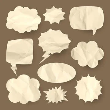 Crumpled brown paper comic speech bubbles. Hand drawn retro cartoon stickers イラスト素材