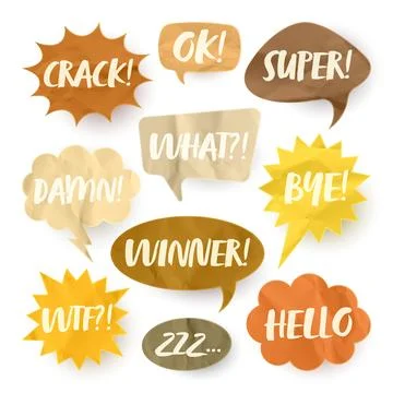 Crumpled brown paper comic speech bubbles. Hand drawn retro cartoon stickers Stock Illustration