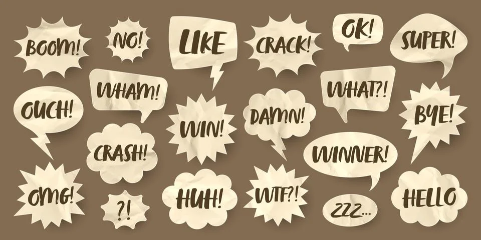 Crumpled brown paper comic speech bubbles. Hand drawn retro cartoon stickers Stock Illustration