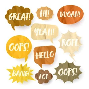 Crumpled brown paper comic speech bubbles. Hand drawn retro cartoon stickers Stock Illustration