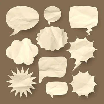 Crumpled brown paper comic speech bubbles. Hand drawn retro cartoon stickers Stock Illustration