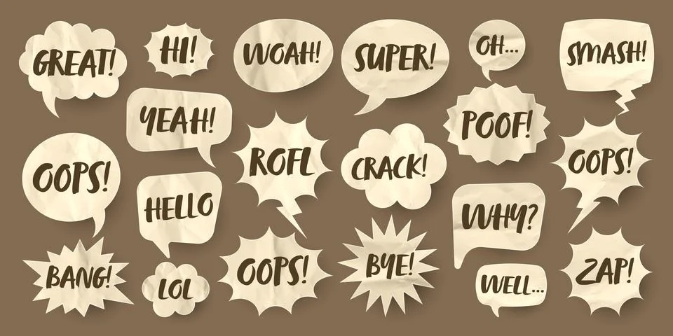 Crumpled brown paper comic speech bubbles. Hand drawn retro cartoon stickers Stock Illustration