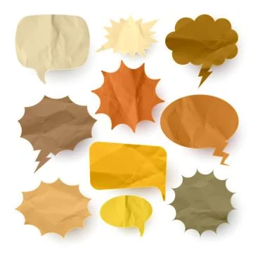 Crumpled brown paper comic speech bubbles. Hand drawn retro cartoon stickers Stock Illustration