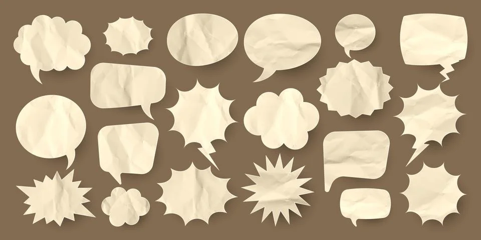 Crumpled brown paper comic speech bubbles. Hand drawn retro cartoon stickers Stock Illustration