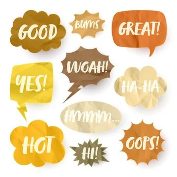 Crumpled brown paper comic speech bubbles. Hand drawn retro cartoon stickers Stock Illustration