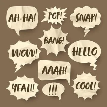 Crumpled brown paper comic speech bubbles. Hand drawn retro cartoon stickers Stock Illustration