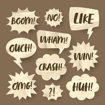 Crumpled brown paper comic speech bubbles. Hand drawn retro cartoon stickers Stock Illustration