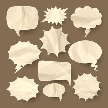 Crumpled brown paper comic speech bubbles. Hand drawn retro cartoon stickers Stock Illustration