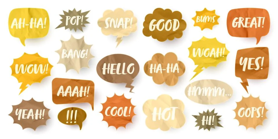 Crumpled brown paper comic speech bubbles. Hand drawn retro cartoon stickers Stock Illustration