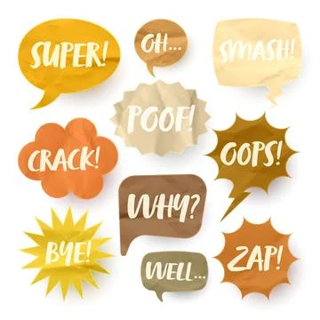 Crumpled brown paper comic speech bubbles. Hand drawn retro cartoon stickers Stock Illustration