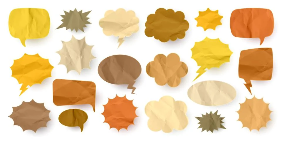 Crumpled brown paper comic speech bubbles. Hand drawn retro cartoon stickers Stock Illustration