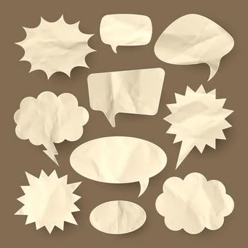 Crumpled brown paper comic speech bubbles. Hand drawn retro cartoon stickers Stock Illustration