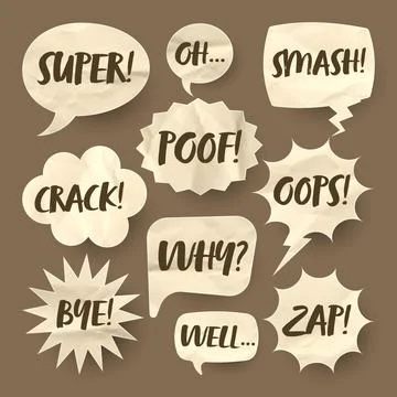 Crumpled brown paper comic speech bubbles. Hand drawn retro cartoon stickers イラスト素材