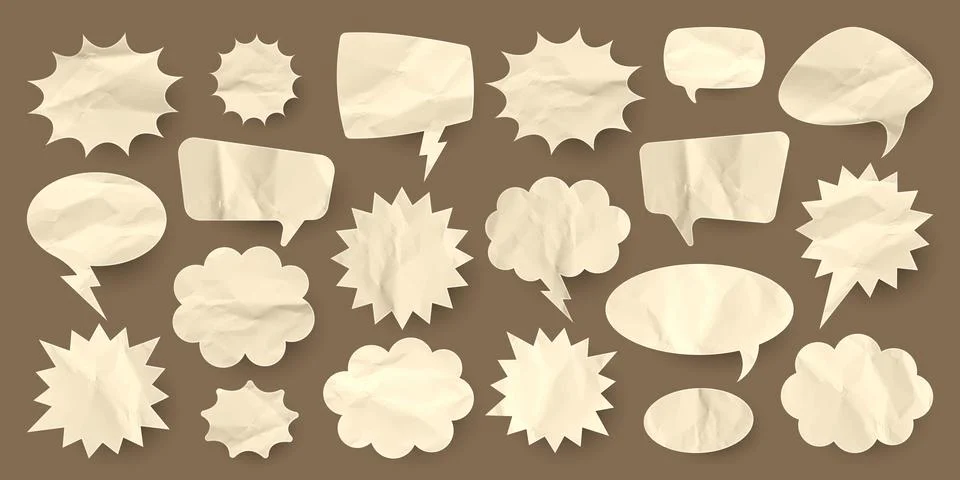 Crumpled brown paper comic speech bubbles. Hand drawn retro cartoon stickers Stock Illustration