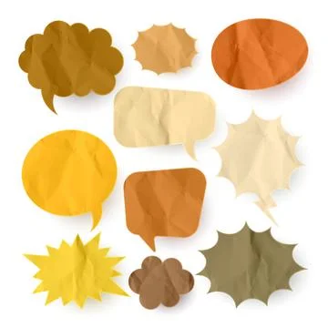 Crumpled brown paper comic speech bubbles. Hand drawn retro cartoon stickers Stock Illustration