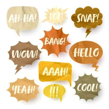Crumpled brown paper comic speech bubbles. Hand drawn retro cartoon stickers Stock Illustration