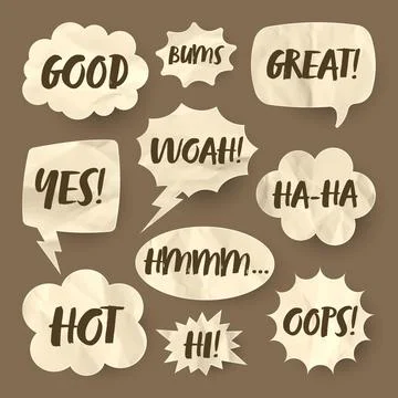Crumpled brown paper comic speech bubbles. Hand drawn retro cartoon stickers Stock Illustration