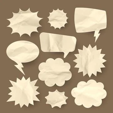 Crumpled brown paper comic speech bubbles. Hand drawn retro cartoon stickers Stock Illustration