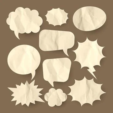 Crumpled brown paper comic speech bubbles. Hand drawn retro cartoon stickers Stock Illustration