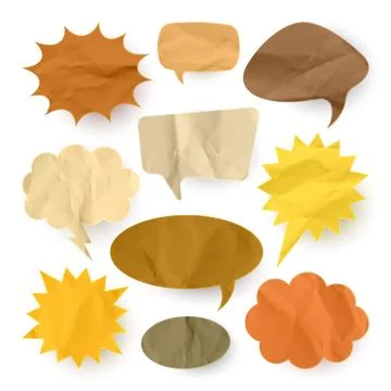 Crumpled brown paper comic speech bubbles. Hand drawn retro cartoon stickers Stock Illustration